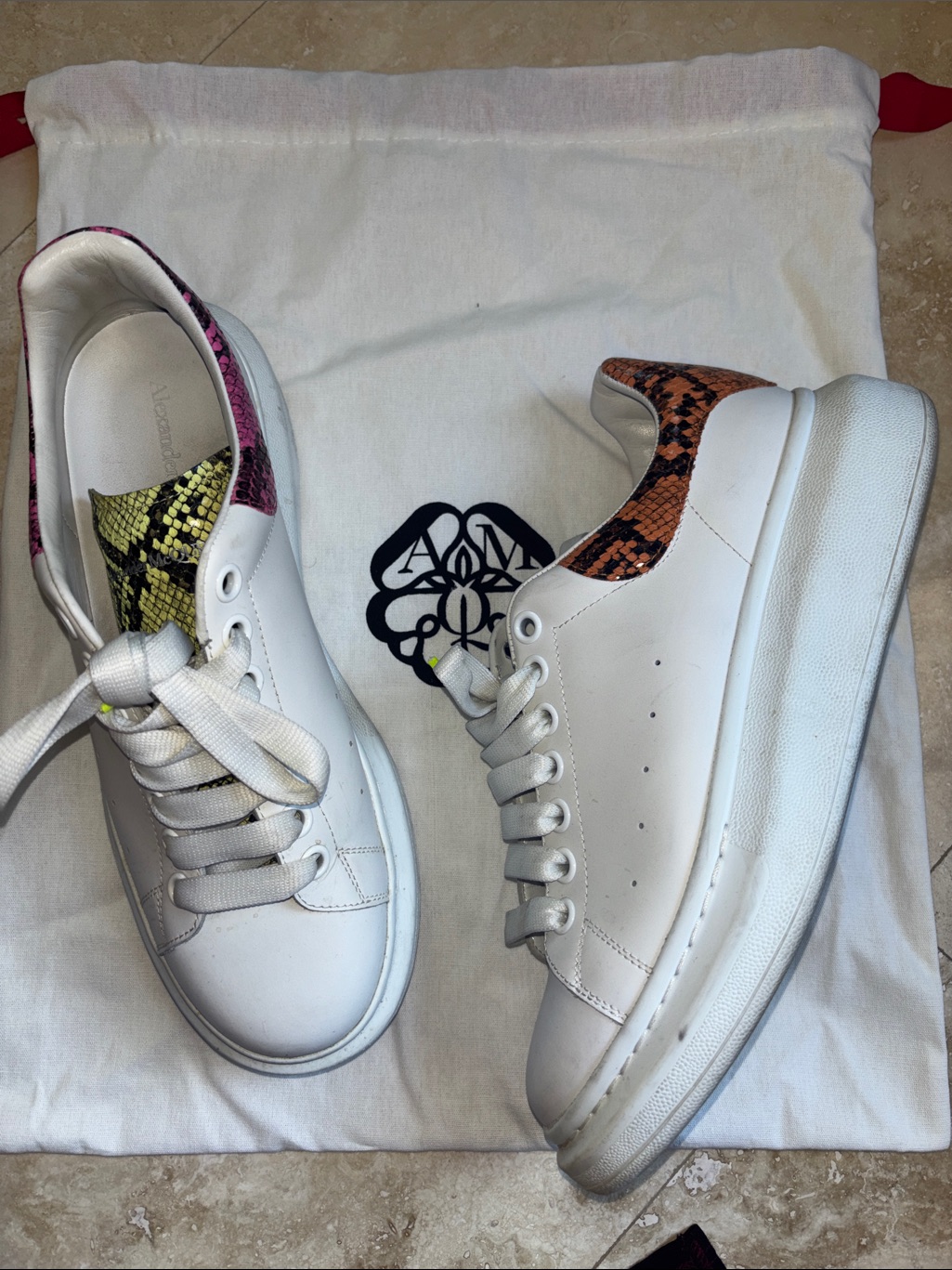Alexander Mcqueen White Sneakers With Multicolor Snake-Print Accents
